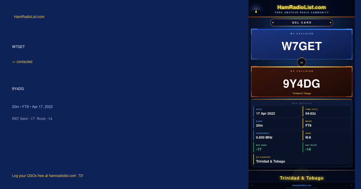 QSL Card: W7GET ↔ 9Y4DG – HamRadioList.com