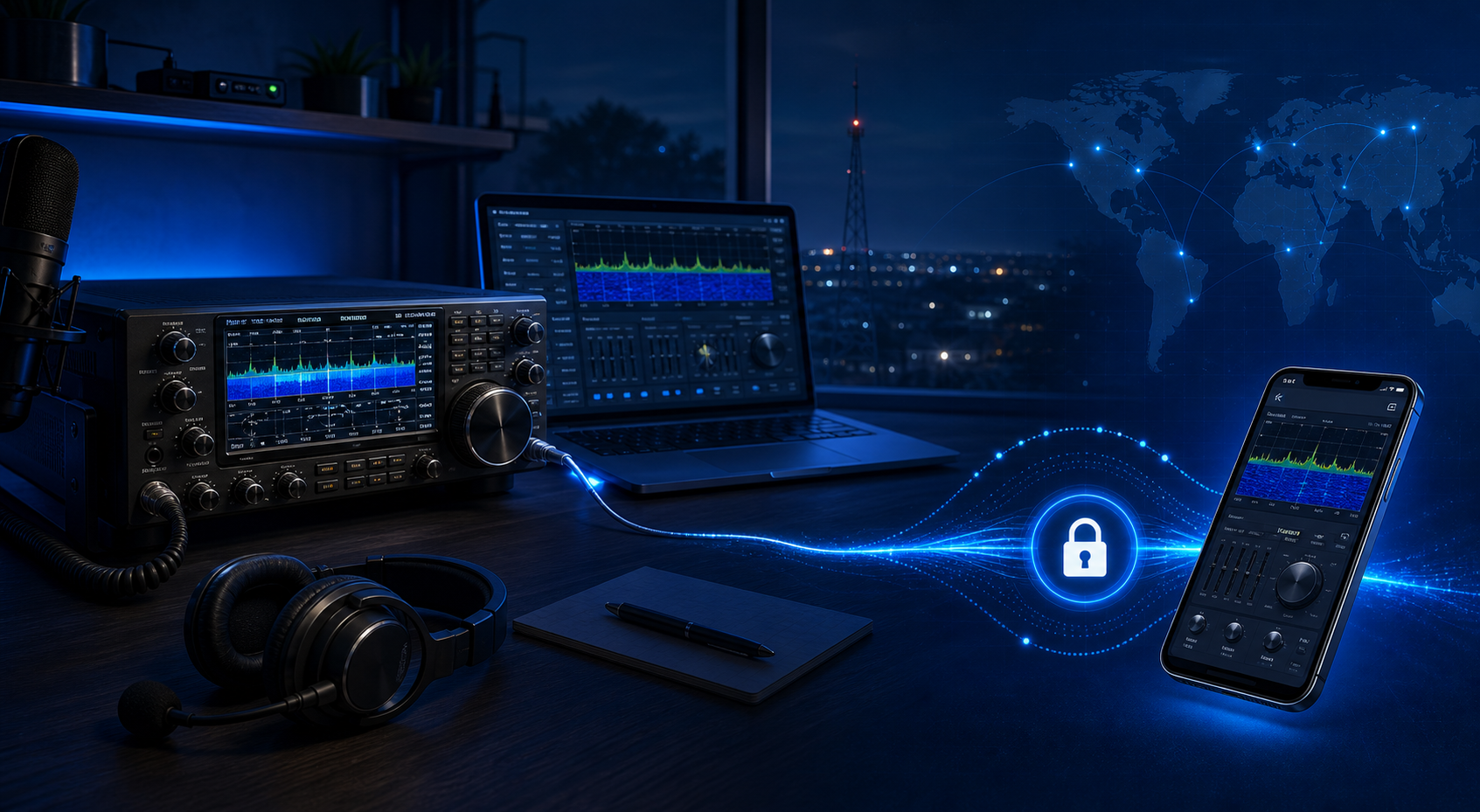 Illustration of a home amateur-radio station securely controlled from a remote phone