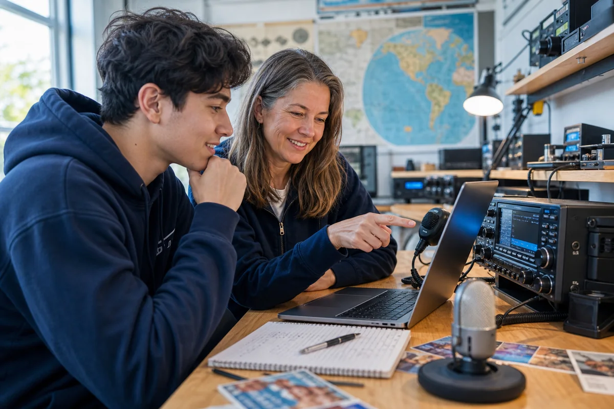 A new amateur-radio learner and an experienced operator reviewing a logbook beside an HF radio