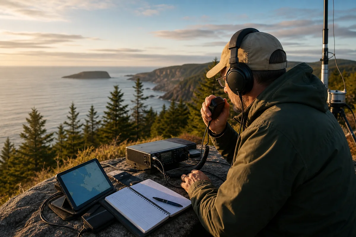 An amateur-radio operator making a portable HF contact from a Canadian coastal overlook