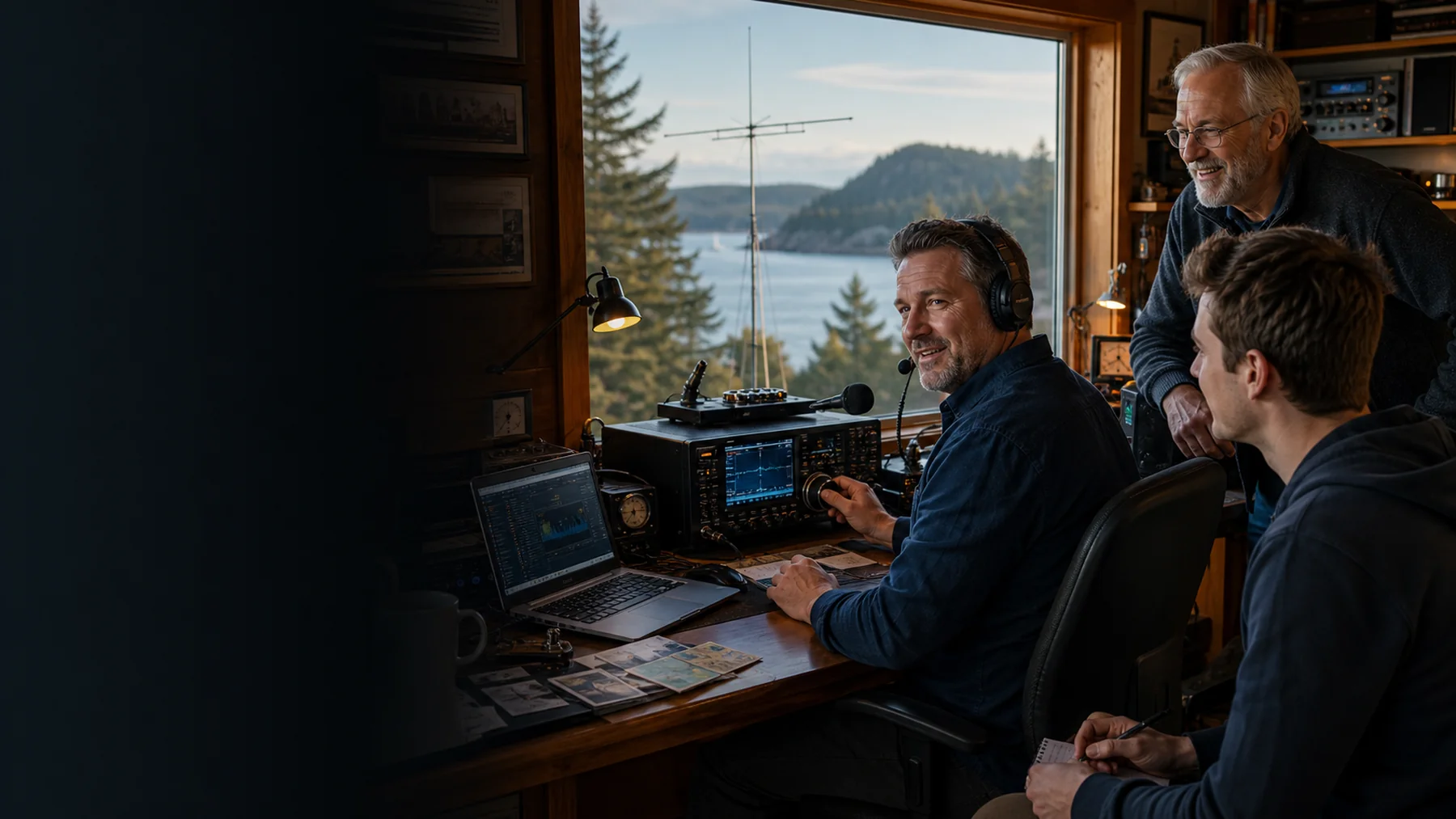 Three amateur-radio operators working together at a modern home HF station overlooking the Canadian coast