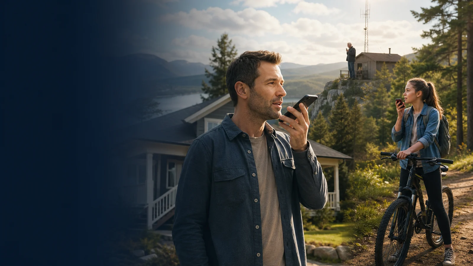 A family and amateur radio operator using Walkie Talkie HRL on Android phones from different locations
